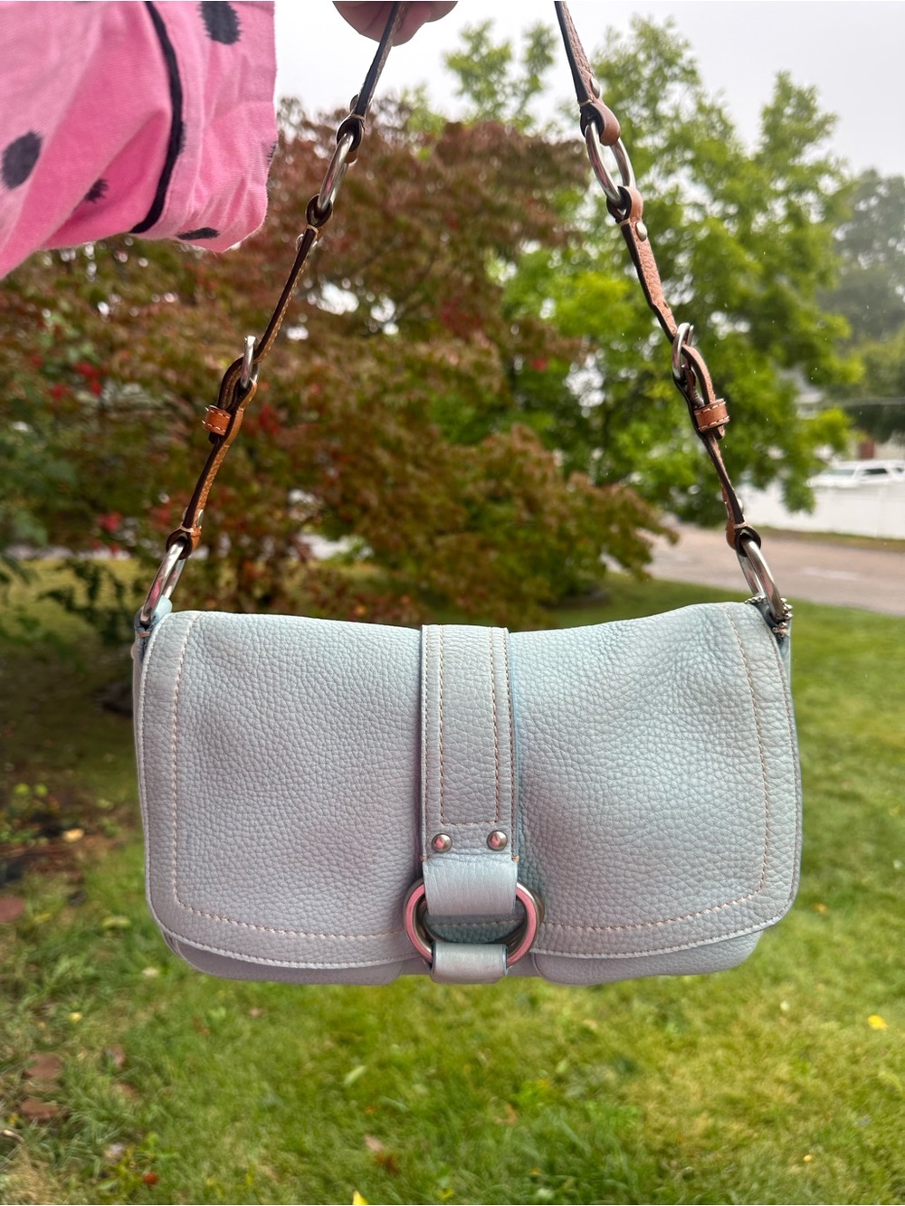 Coach Pebbled Leather Shoulder Bag in Light Blue with Brown Strap